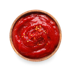 Bowl of chili sauce on white background