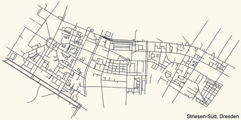 Black simple detailed street roads map on vintage beige background of the neighbourhood Striesen-Süd mit Johannstadt-Südost quarter of Dresden, Germany