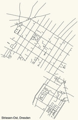Black simple detailed street roads map on vintage beige background of the neighbourhood Striesen-Ost quarter of Dresden, Germany
