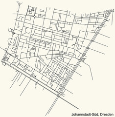 Black simple detailed street roads map on vintage beige background of the neighbourhood Johannstadt-Süd quarter of Dresden, Germany