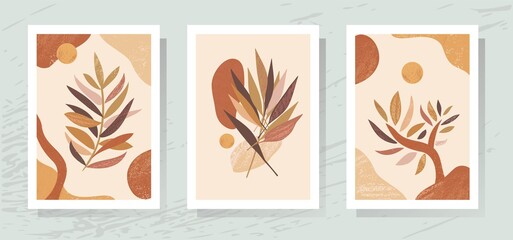 Obraz na płótnie Canvas Botanical floral wall art set of 3 abstract boho designs.Luxury bohemian interior.Minimal vector background,foliage leaves tree,nude pastel terracotta shapes.Leaf.Sun.Bedroom home decor.Gallery poster