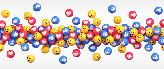 Get More Likes. Many flying blue red and yellow balls with social media icons. Vector illustration
