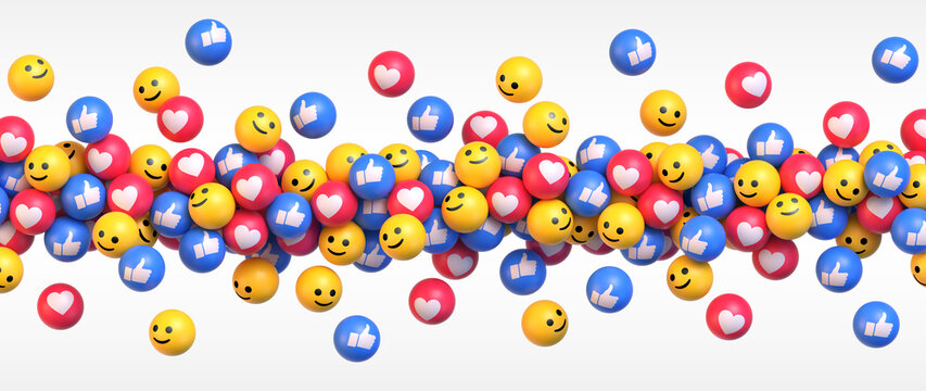 Get More Likes. Many flying blue red and yellow balls with social media icons. Vector illustration