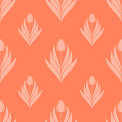 Seamless pattern with a pattern of the silhouette of tulips and leaves. Design in coral, orange for printing, packaging, fabric. Electric Tangerine. Damascus styling. Vector illustration