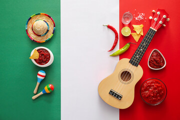 Bowls of tasty salsa sauce and symbols of Mexico on color background - obrazy, fototapety, plakaty
