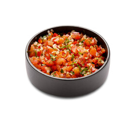 Bowl of tasty salsa sauce on white background