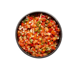 Bowl of tasty salsa sauce on white background
