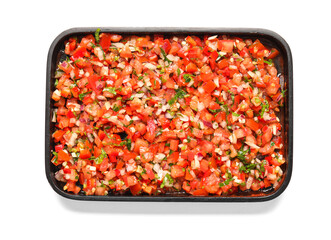 Tray with tasty salsa sauce on white background