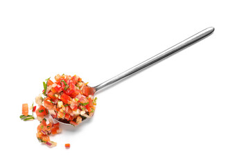 Spoon with tasty salsa sauce on white background