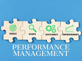 Business performance management concept on jigsaw puzzle pieces with icons against blue background.