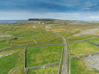 Aerial view on stone fences green fields of Aran islands