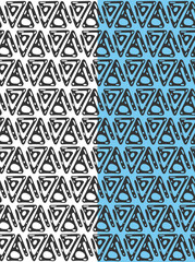 Ethnic seamless pattern. Hand drawn geomentric ornament. Triangle doodle grey ikat shapes. White, blue editable background