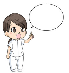 左手で指して説明する女性看護師とふきだし