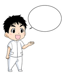左手で指して説明する男性看護師とふきだし