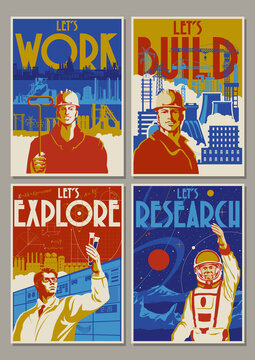 Let's Work, Build, Explore and Research! Retro Soviet Propaganda Posters Style Illustration Set 