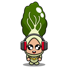 cute bok choy vegetable mascot character cartoon vector listening to music