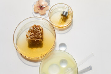 Abstract cosmetic laboratory. Chemical laboratory research. Nature cosmetics with honey.