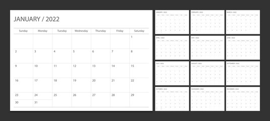 Calendar 2022 week start Sunday corporate design planner template.