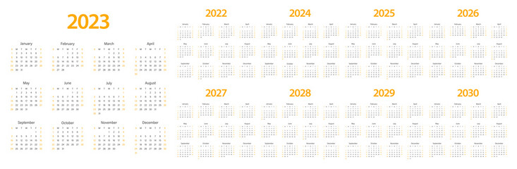 Calendar 2022 2023 2024 2025 2026 2027 2028 2029 2030 week start Sunday corporate design planner template. - obrazy, fototapety, plakaty