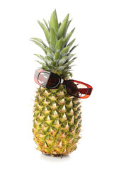 Funny pineapple in sunglasses on white background