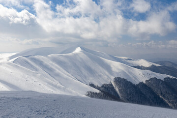 Winter Carpathian mountains. Borzhava mountain range. landscapes of winter mountains. Snow drifts are treated by the wind, against the background of winter mountains.