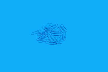 heap of blue paper clips, school accessories