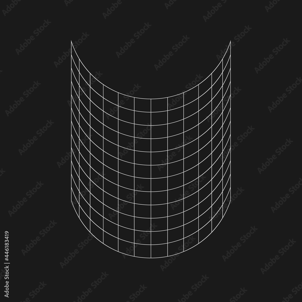 Poster retro futuristic half cylinder grid. cyber design element. grid in cyberpunk 80s style. cyber geomet