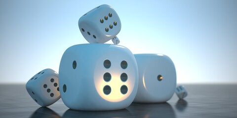 Dice of different sizes against a bright blue sky.