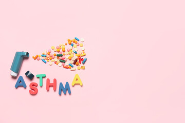 Composition with inhaler, pills and word ASTHMA on color background