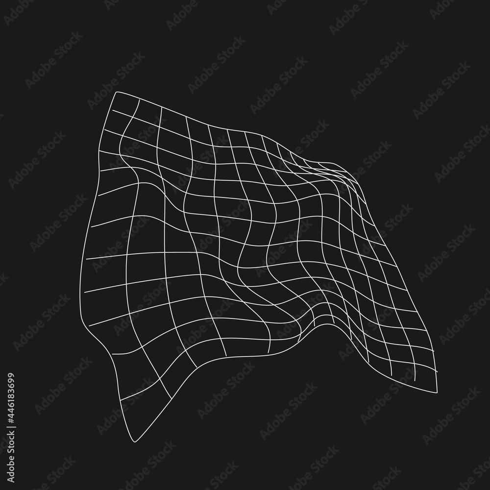 Poster retrofuturistic perspective liquid distorted grid. cyber design element. grid in cyberpunk 80s style