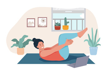 a woman doing yoga exercise in apartment with guide from a laptop, apartment interior, yoga pose