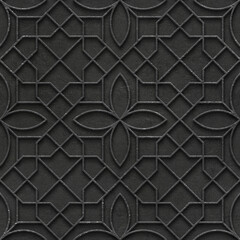 Geometrisches Blumenmuster auf schwarzem metallischem Hintergrund, nahtlose Textur, Reliefeffekt, 3D-Darstellung
