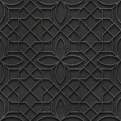 Glasschilderij 3D Geometrische bloemenpatroon op zwarte metalen achtergrond, naadloze textuur, reliëfeffect, 3d illustratie