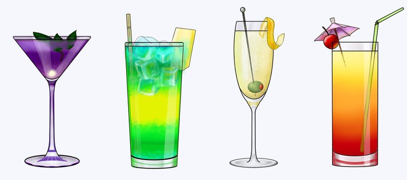 Set of purple, green, yellow and orange cocktails with different decorations
