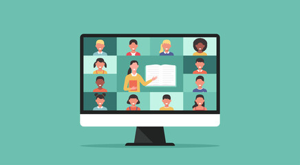 back to school online, distance-learning or online education concept, home school with woman teacher teaching young students via computer screen, vector flat illustration