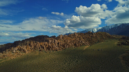 Aerial Snow on mountain peaks, Lone Pine Desert, California