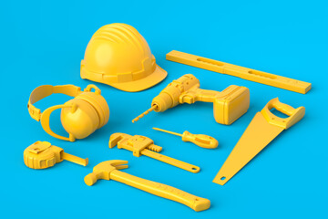 Isometric view of monochrome construction tools for repair on blue and yellow