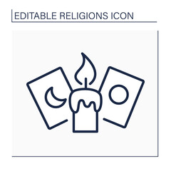 Spiritualism line icon.Candle and cards for spiritualistic session. Belief that spirits of dead exist. Afterlife. Religion concept. Isolated vector illustration. Editable stroke