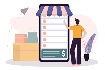 Male customer chooses different goods in online market. E-store with various assortments on smartphone screen. Client makes order in e-shop.
