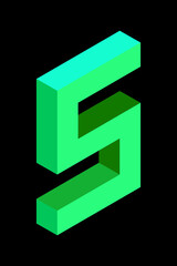 Light green number 5 in isometric style. Isolated on black background. Learning numbers, serial number, price, place.
