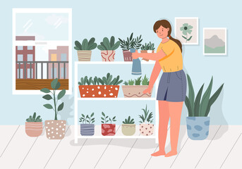 Girl doing hobby along the quarantine, wathering indoor plants in her apartment