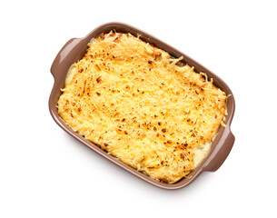 Baking dish with tasty green lasagna on white background