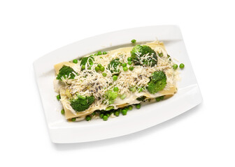 Plate with tasty green lasagna on white background