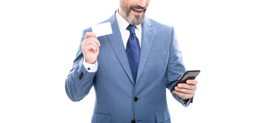 cropped businessman hold card and cellphone for paying online isolated on white, agile business.