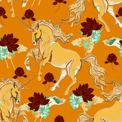 Unicorn and lotus flowers seamless vector pattern.
