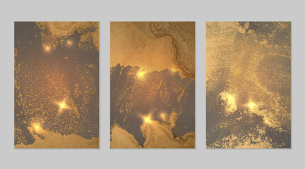 Marble set of gold and light gray backgrounds with texture. Geode pattern with glitter. Abstract vector backdrops in fluid art alcohol ink technique. Modern paint with sparkles for banner, poster