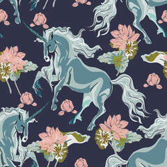 Obraz na płótnie Canvas Unicorn and lotus flowers seamless pattern.