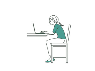 ノートパソコンを使っている猫背の女性-2色