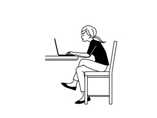 脚を組んでノートパソコンを使っている猫背の女性-黒