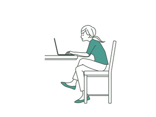 脚を組んでノートパソコンを使っている猫背の女性-2色